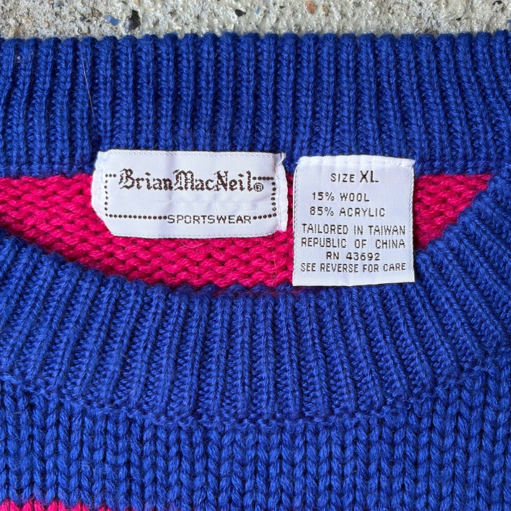 Vintage Brian MacNeil Striped Wool Blend Knit Sweater Blue Pink XL RN 43692 - Picture 2 of 2
